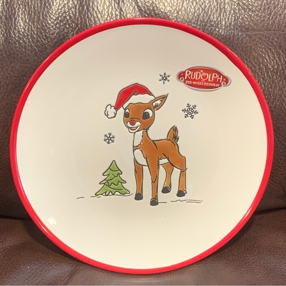 Rudolph in Santa Hat Ceramic Salad Plate - Christmas Tree Snowflakes - Picture 1 of 7